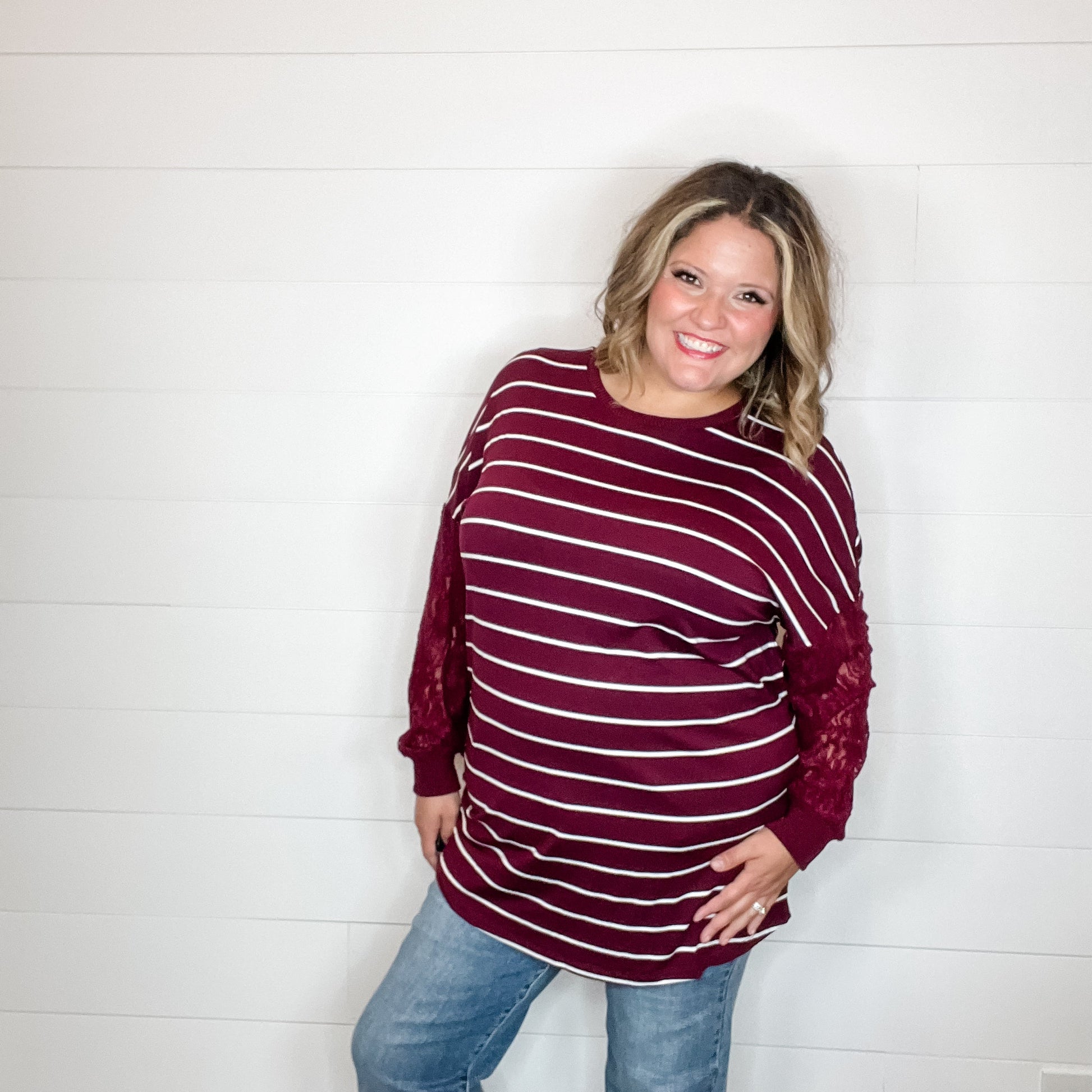 "Touch of Class" Long Sleeve with Lace Detail (Wine)