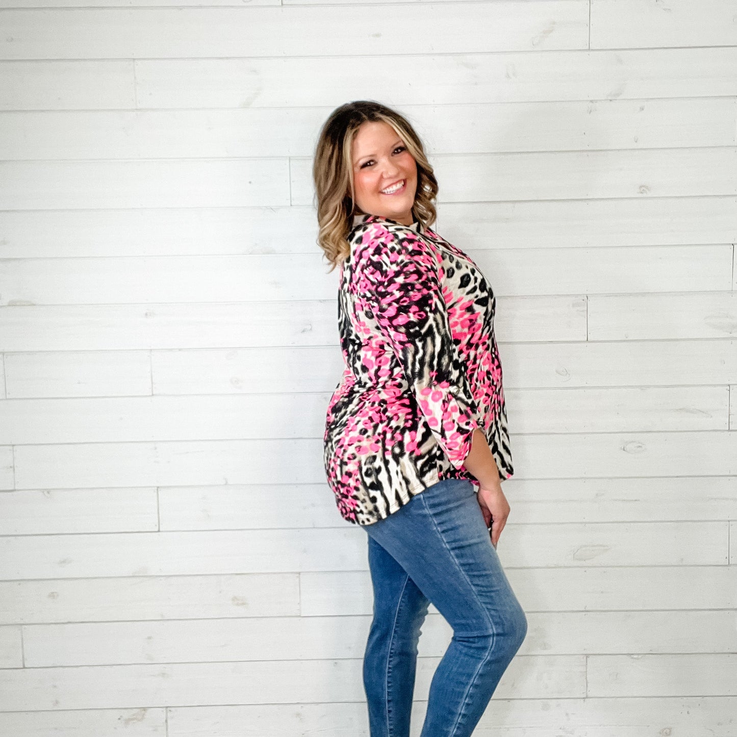 "Toxic Trait" Animal Print Lizzy 3/4 Sleeve Split Neck