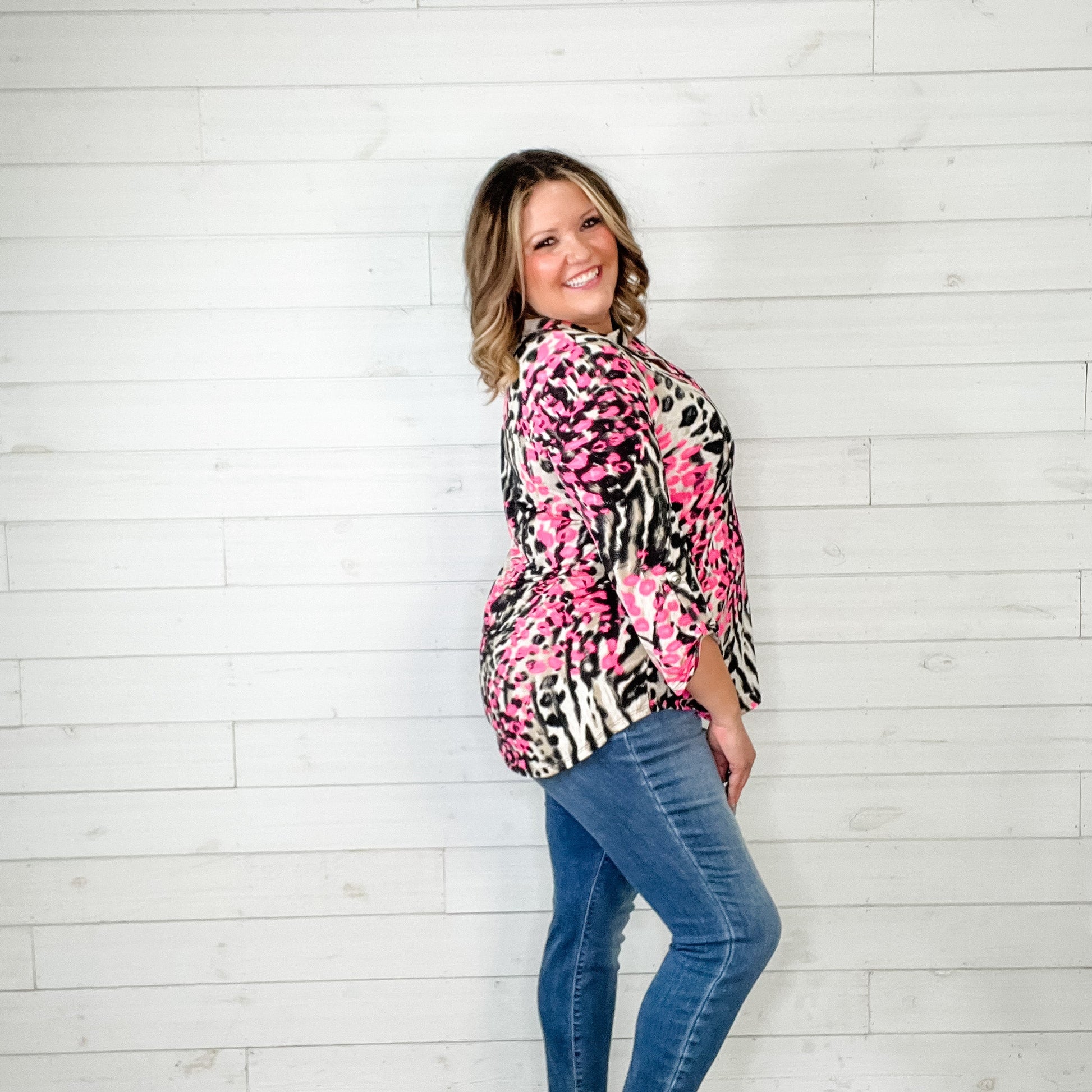 "Toxic Trait" Animal Print Lizzy 3/4 Sleeve Split Neck