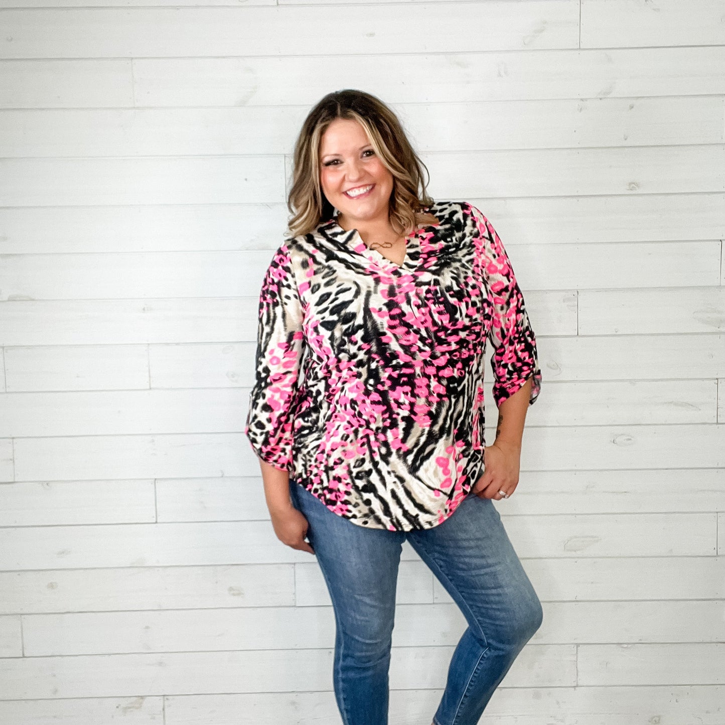 "Toxic Trait" Animal Print Lizzy 3/4 Sleeve Split Neck