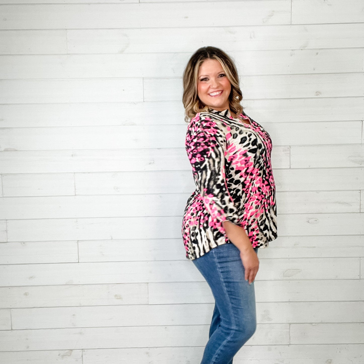 "Toxic Trait" Animal Print Lizzy 3/4 Sleeve Split Neck