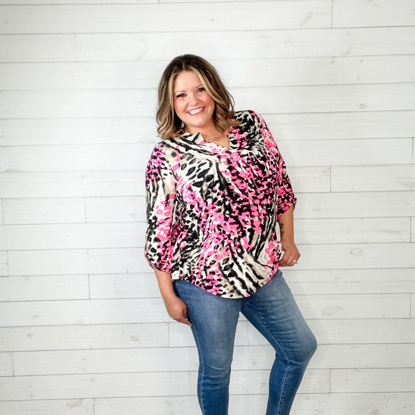 "Toxic Trait" Animal Print Lizzy 3/4 Sleeve Split Neck