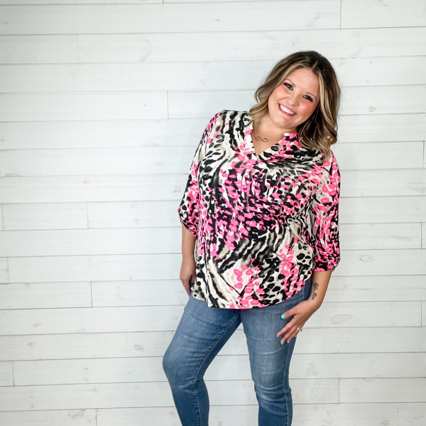 "Toxic Trait" Animal Print Lizzy 3/4 Sleeve Split Neck