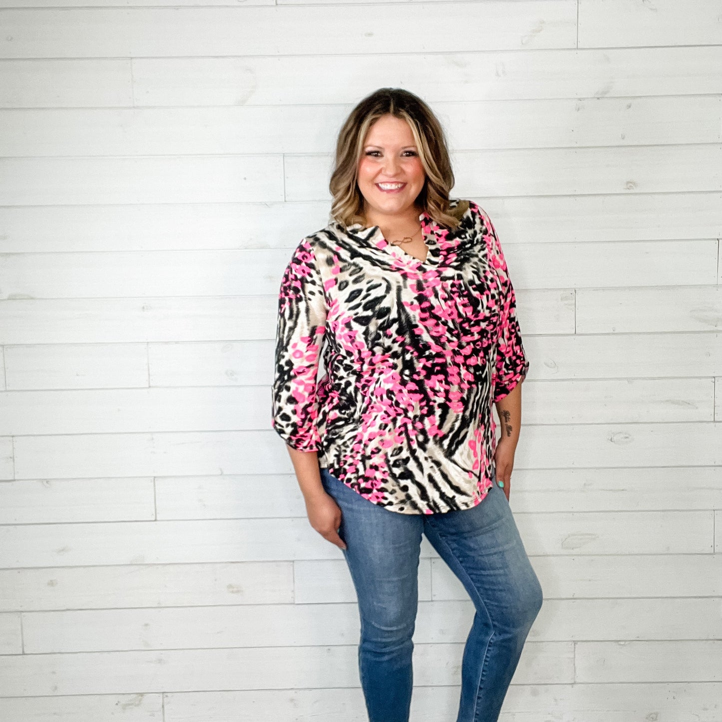 "Toxic Trait" Animal Print Lizzy 3/4 Sleeve Split Neck