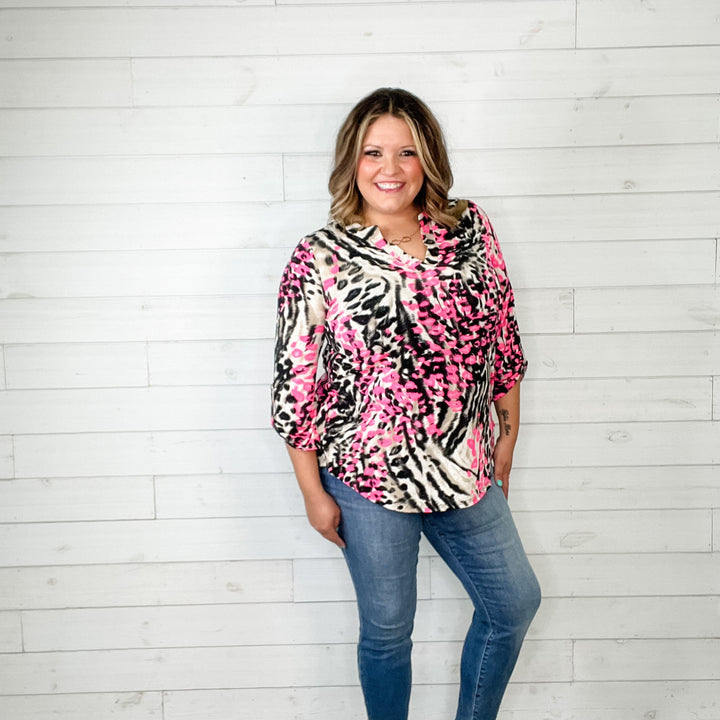 "Toxic Trait" Animal Print Lizzy 3/4 Sleeve Split Neck