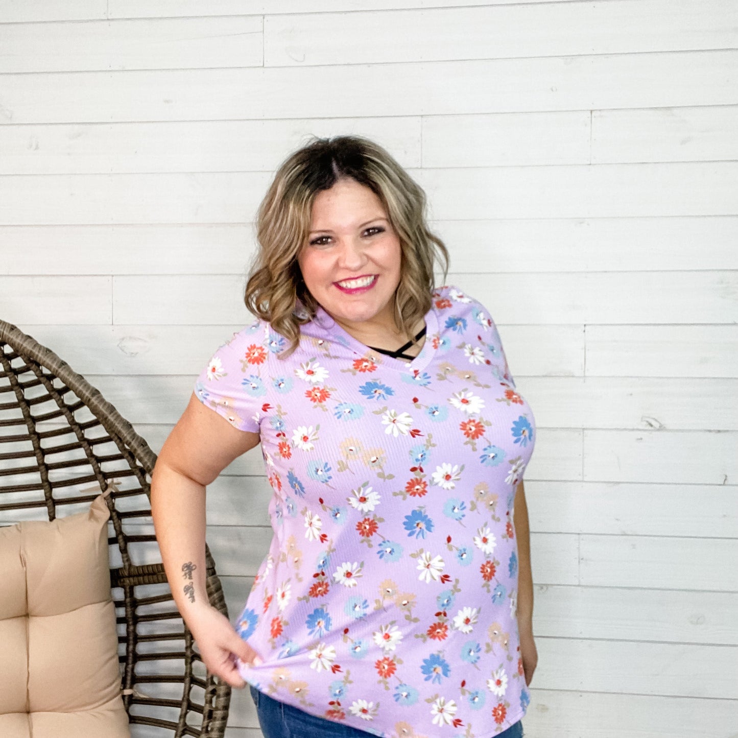 "Tracey" Floral Ribbed V Neck
