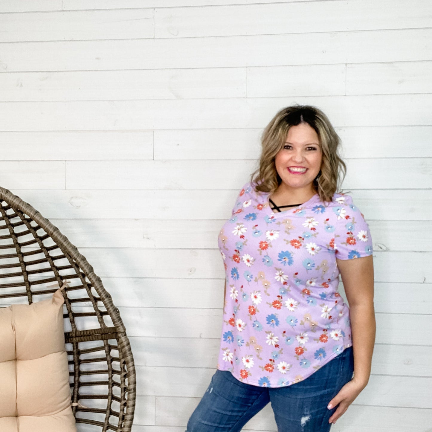 "Tracey" Floral Ribbed V Neck