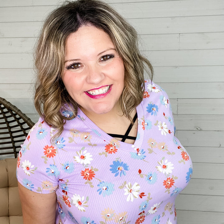"Tracey" Floral Ribbed V Neck