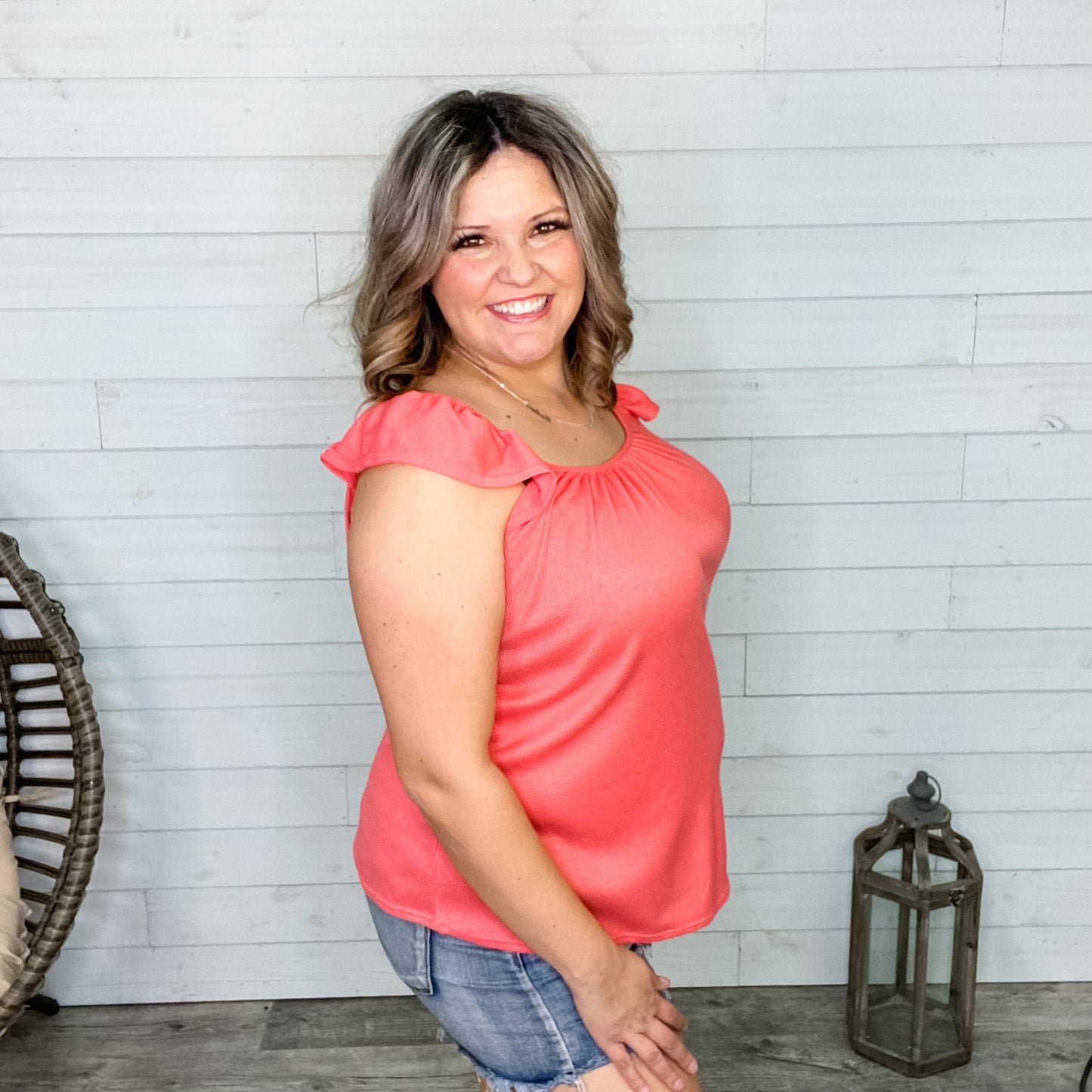 "Traci" Ruffle Cap Sleeve (Black and Coral)