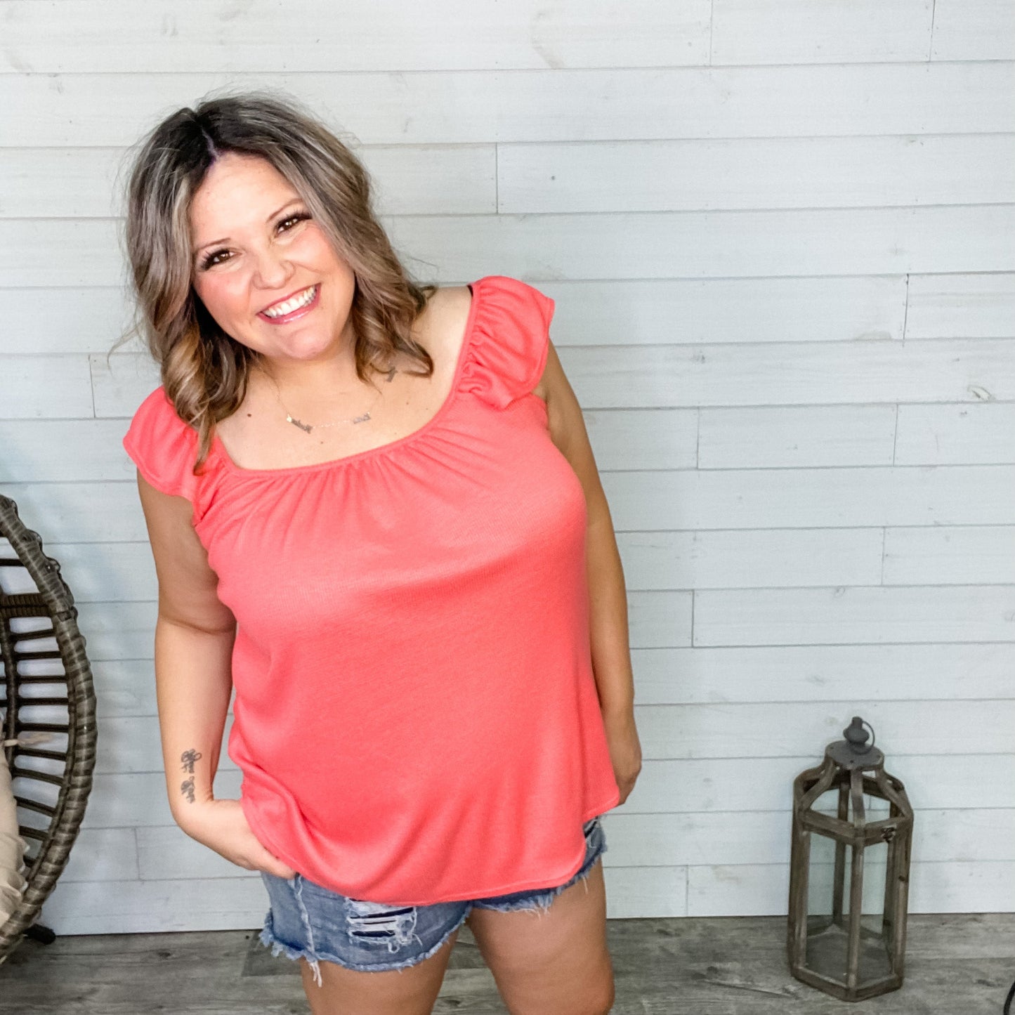 "Traci" Ruffle Cap Sleeve (Black and Coral)