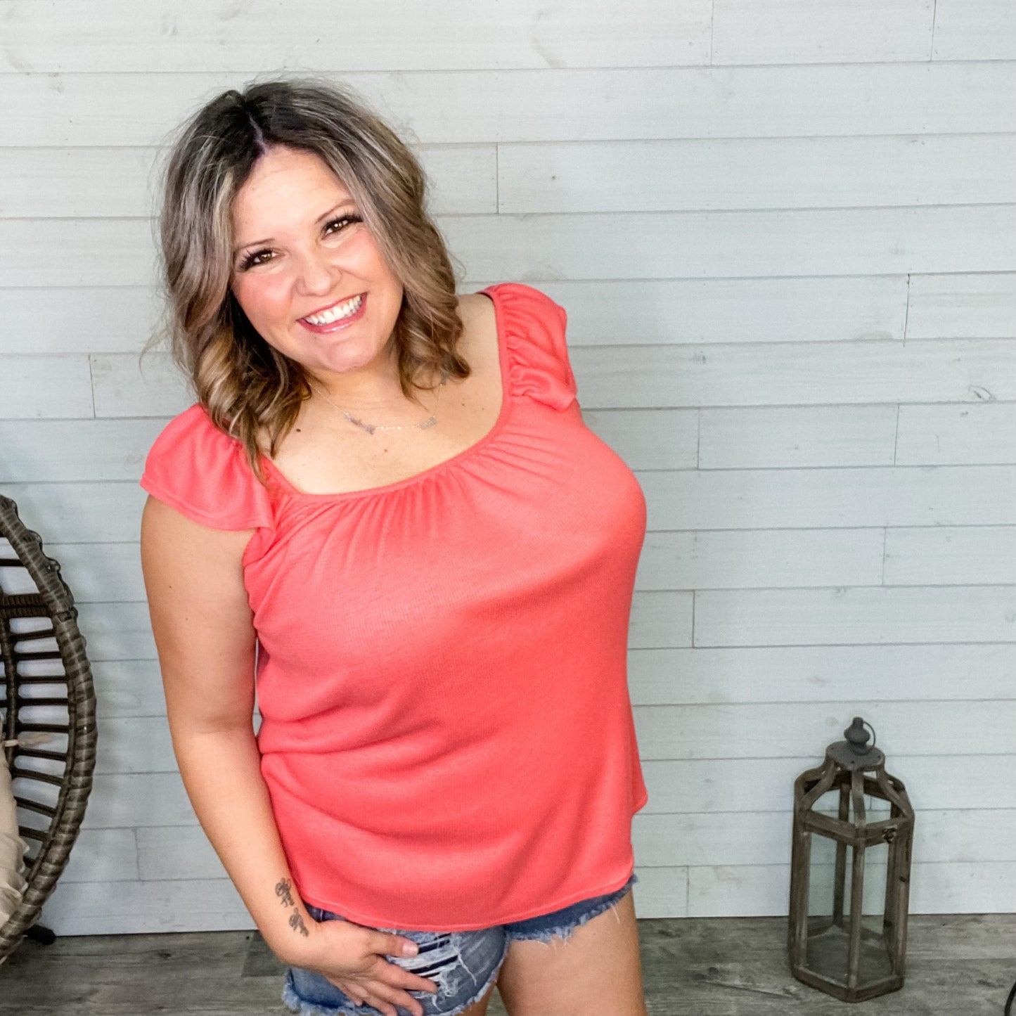 "Traci" Ruffle Cap Sleeve (Black and Coral)