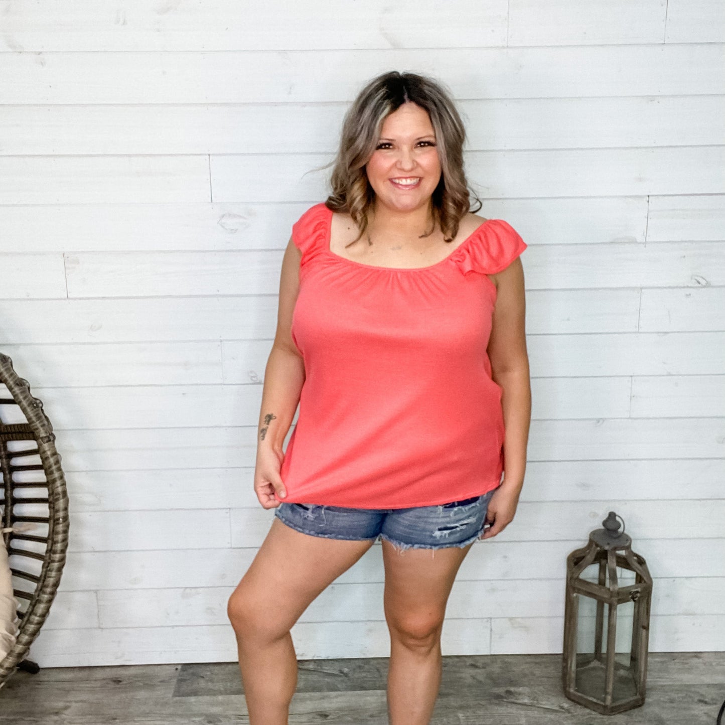 "Traci" Ruffle Cap Sleeve (Black and Coral)