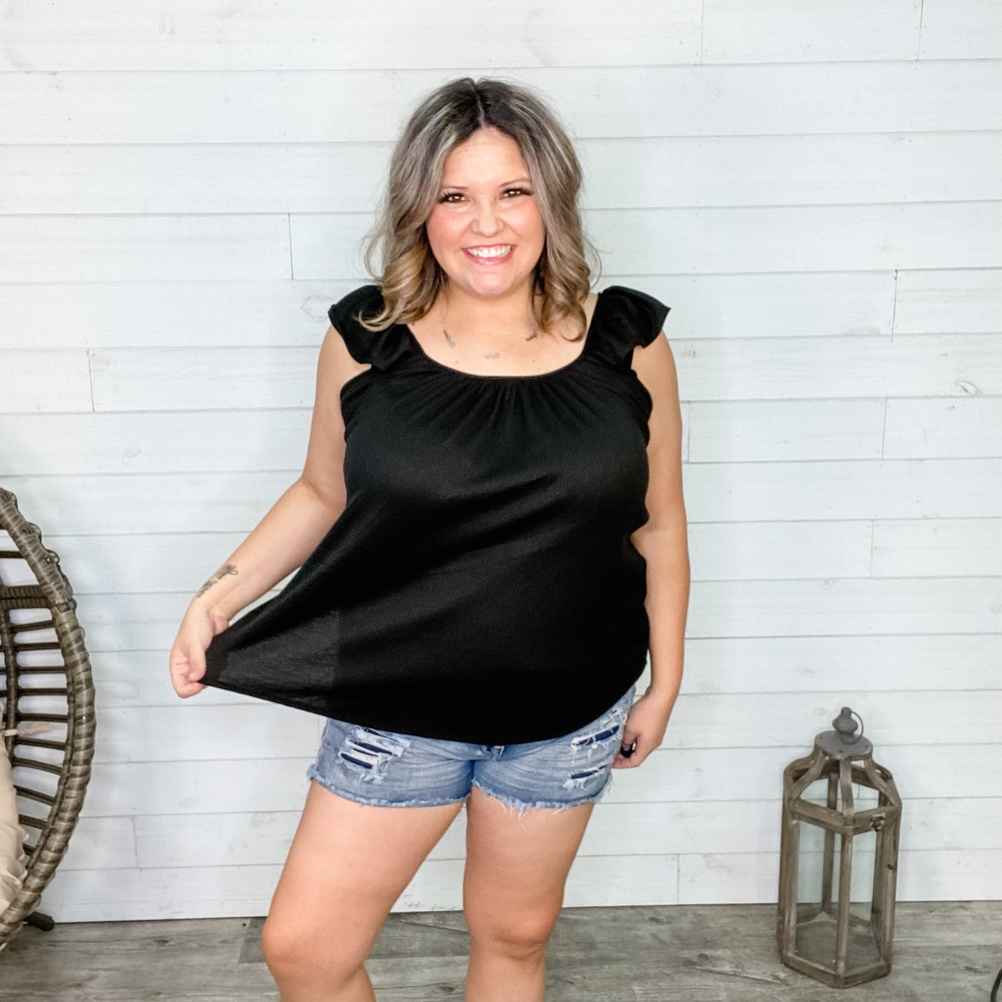 "Traci" Ruffle Cap Sleeve (Black and Coral)