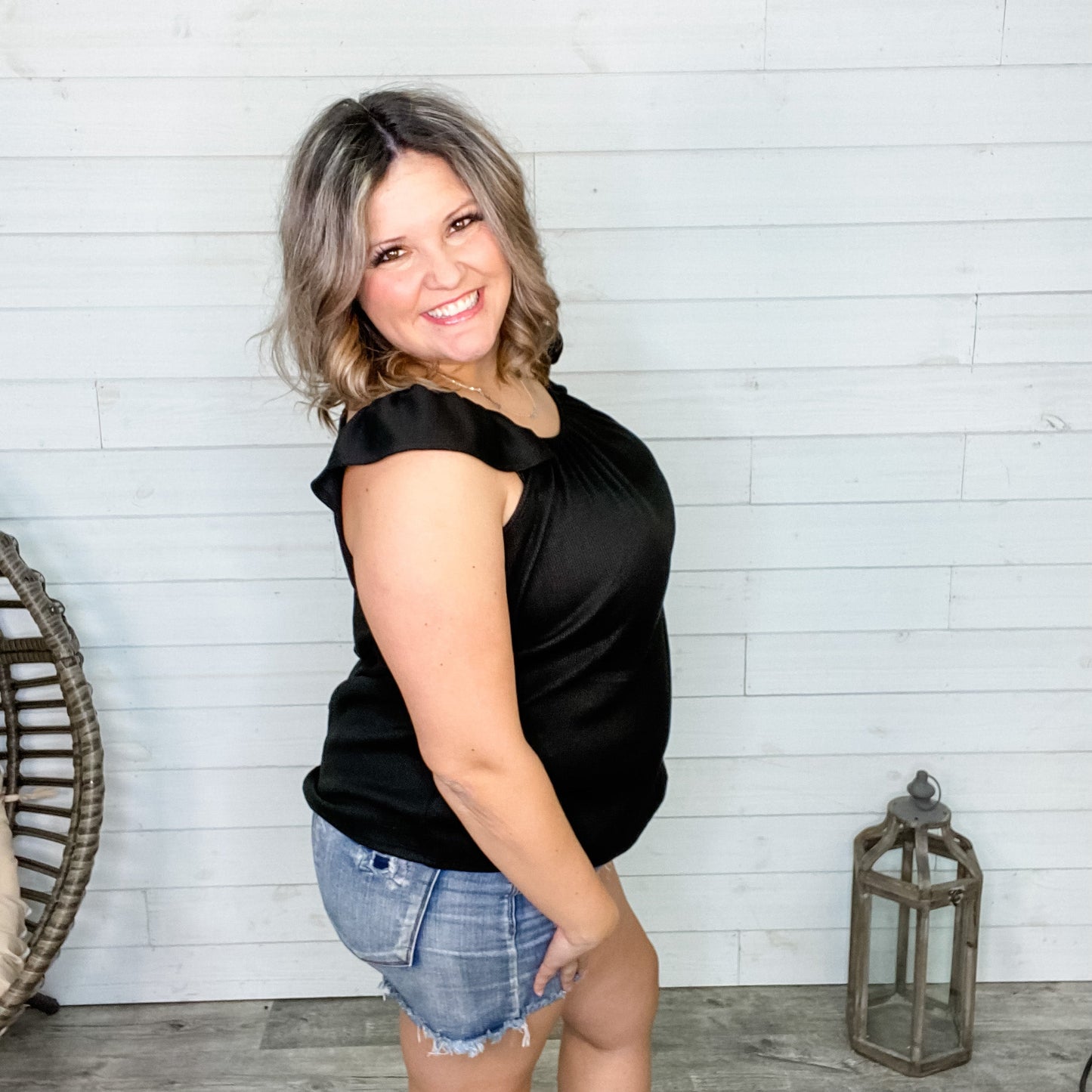 "Traci" Ruffle Cap Sleeve (Black and Coral)