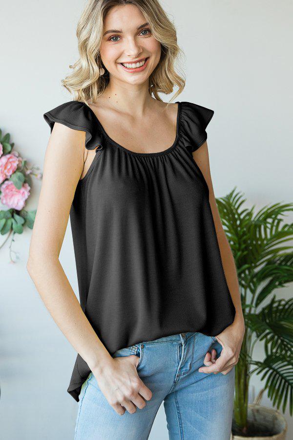 "Traci" Ruffle Cap Sleeve (Black and Coral)
