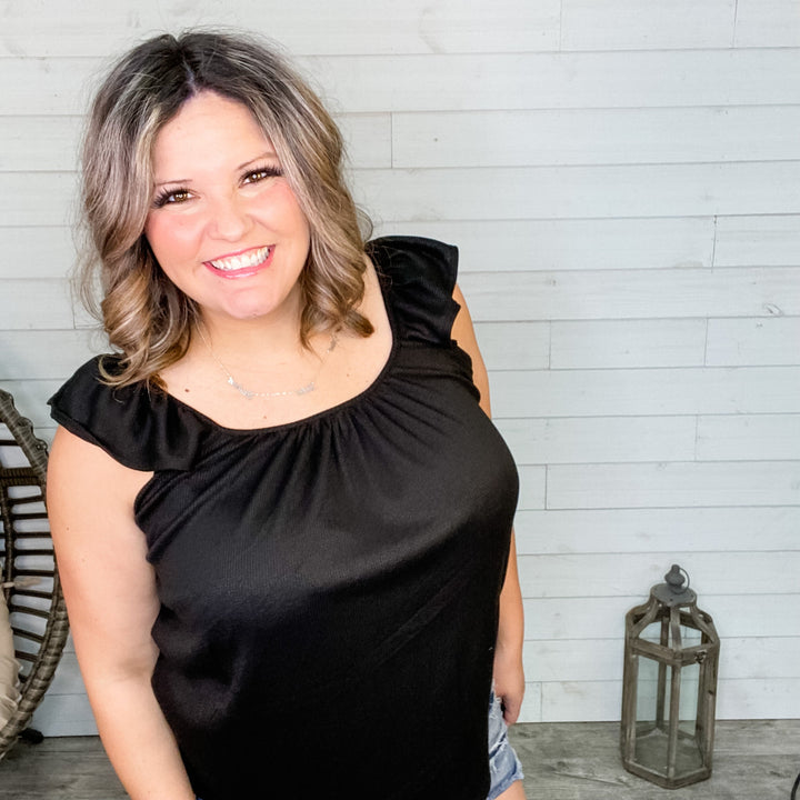 "Traci" Ruffle Cap Sleeve (Black and Coral)