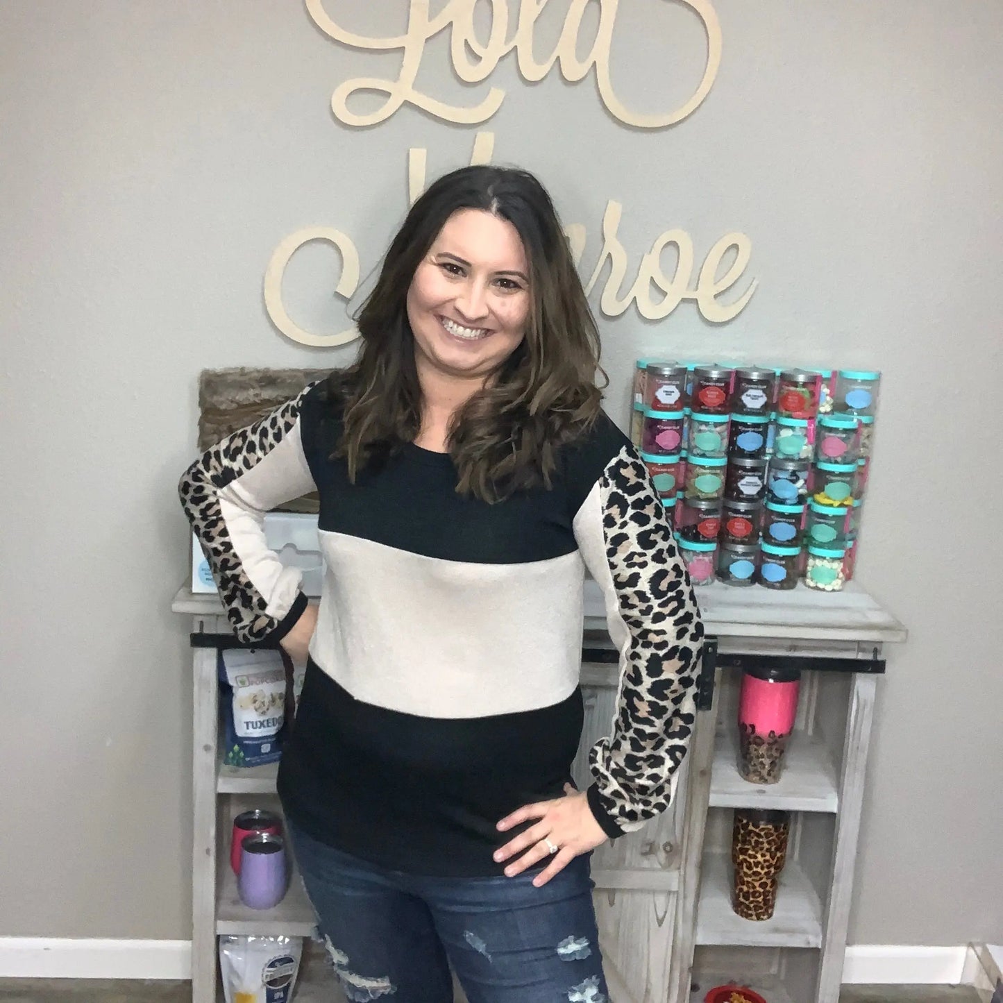 "Tricia" Color Block with Animal Accent Long Sleeve (Black)