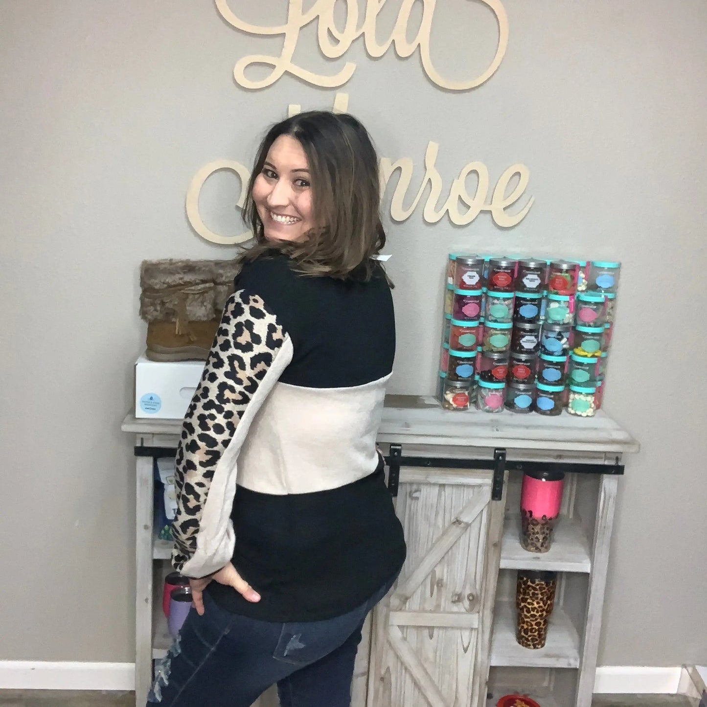 "Tricia" Color Block with Animal Accent Long Sleeve (Black)