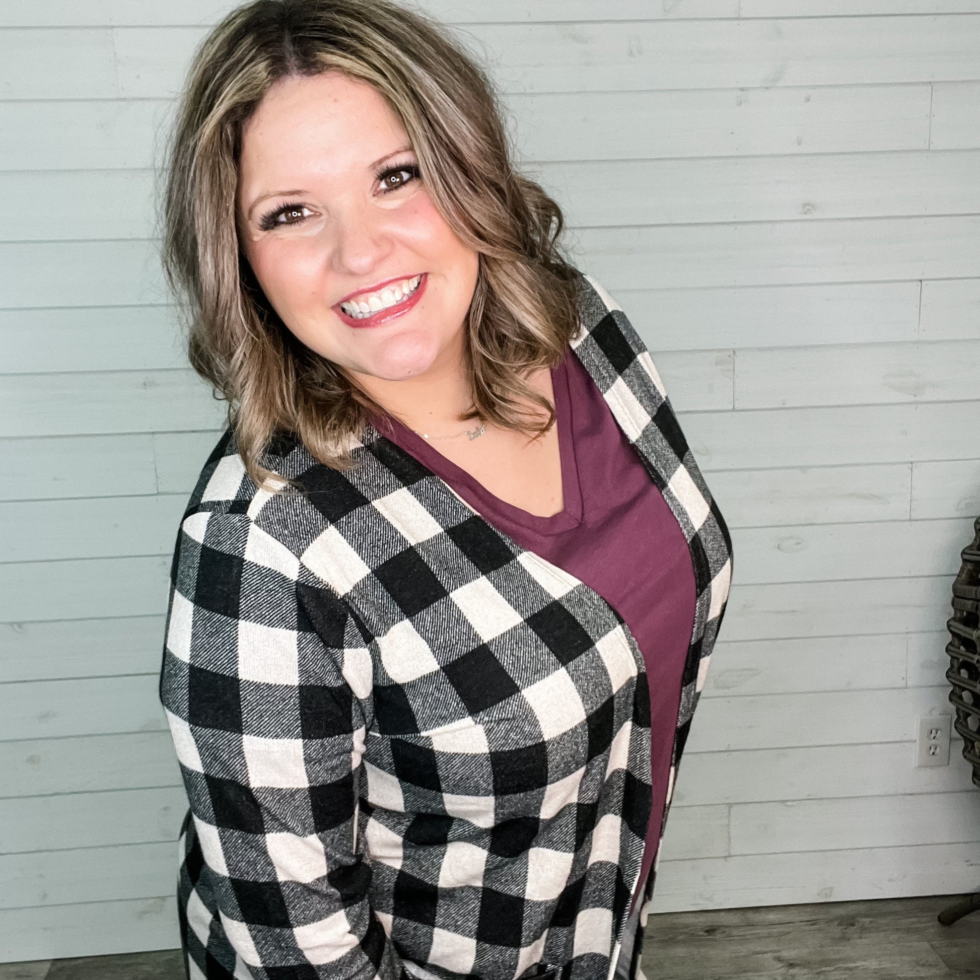 "Tried and True" Long Sleeve Checkered Cardigan (Black)