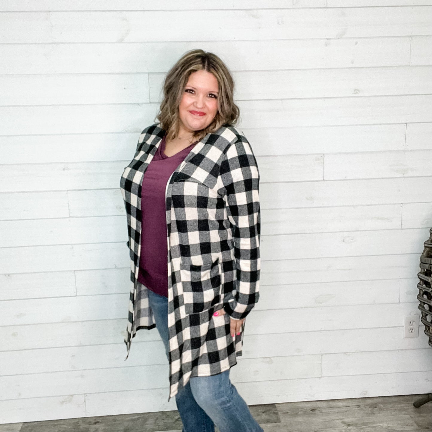 "Tried and True" Long Sleeve Checkered Cardigan (Black)
