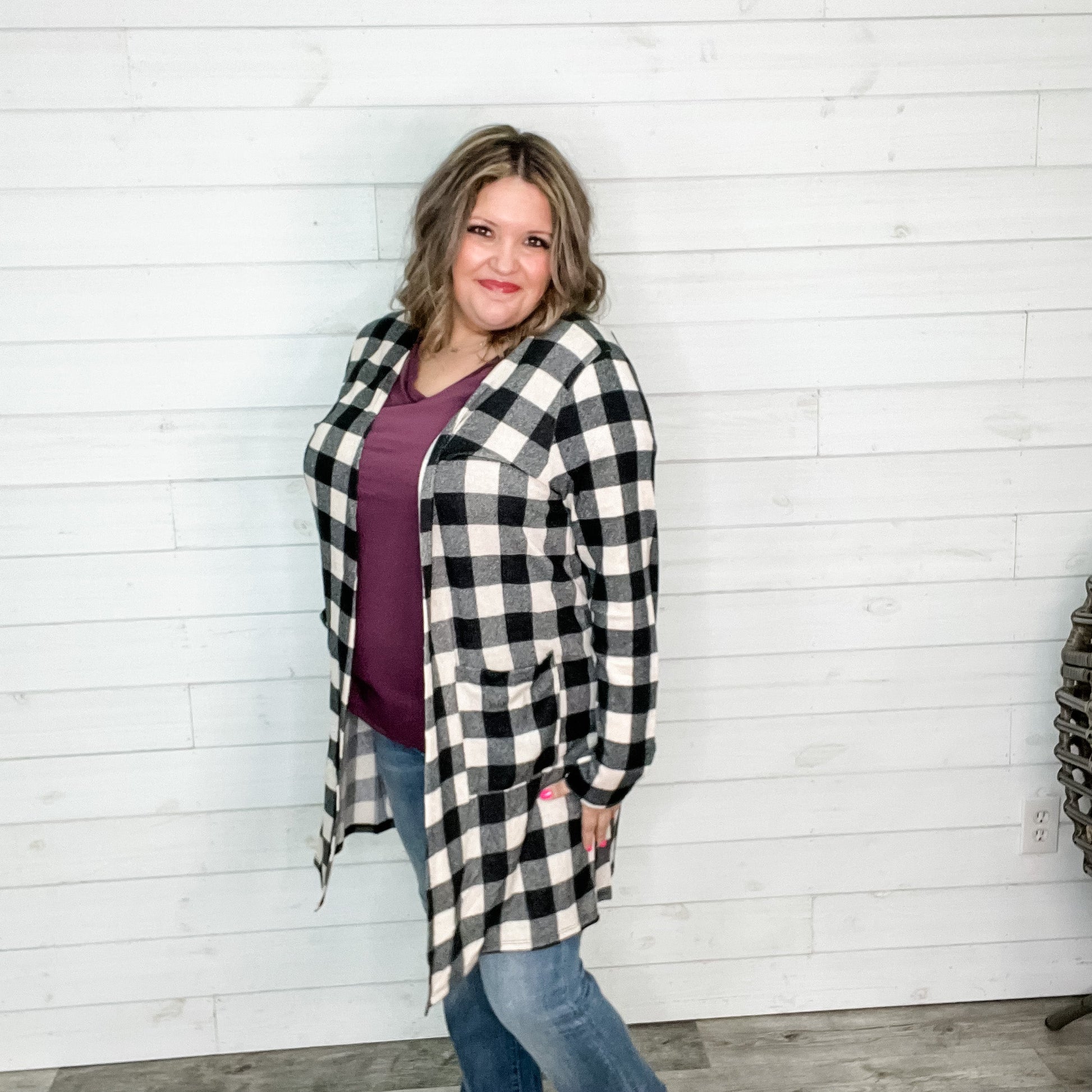 "Tried and True" Long Sleeve Checkered Cardigan (Black)