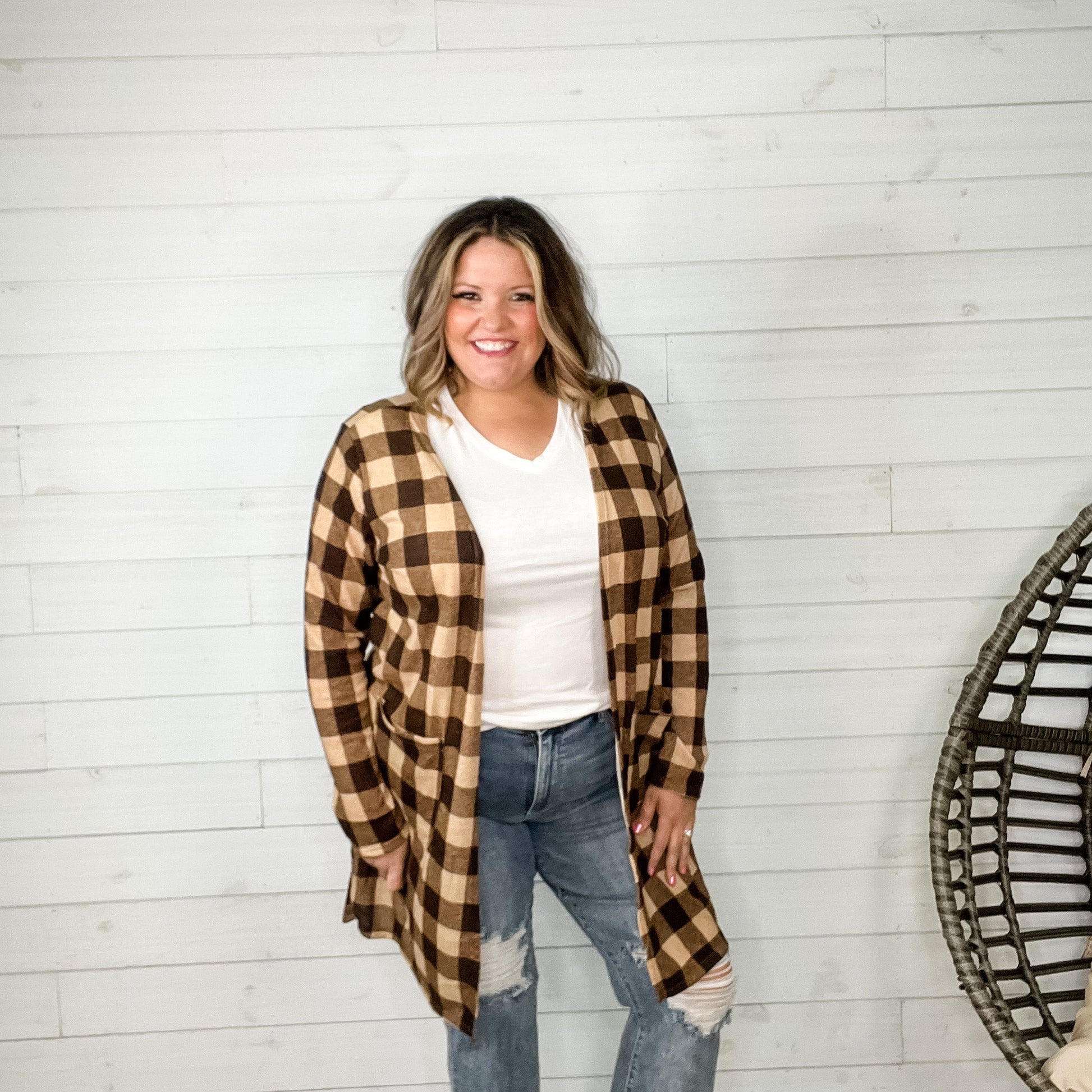 "Tried and True" Long Sleeve Checkered Cardigan (Brown)