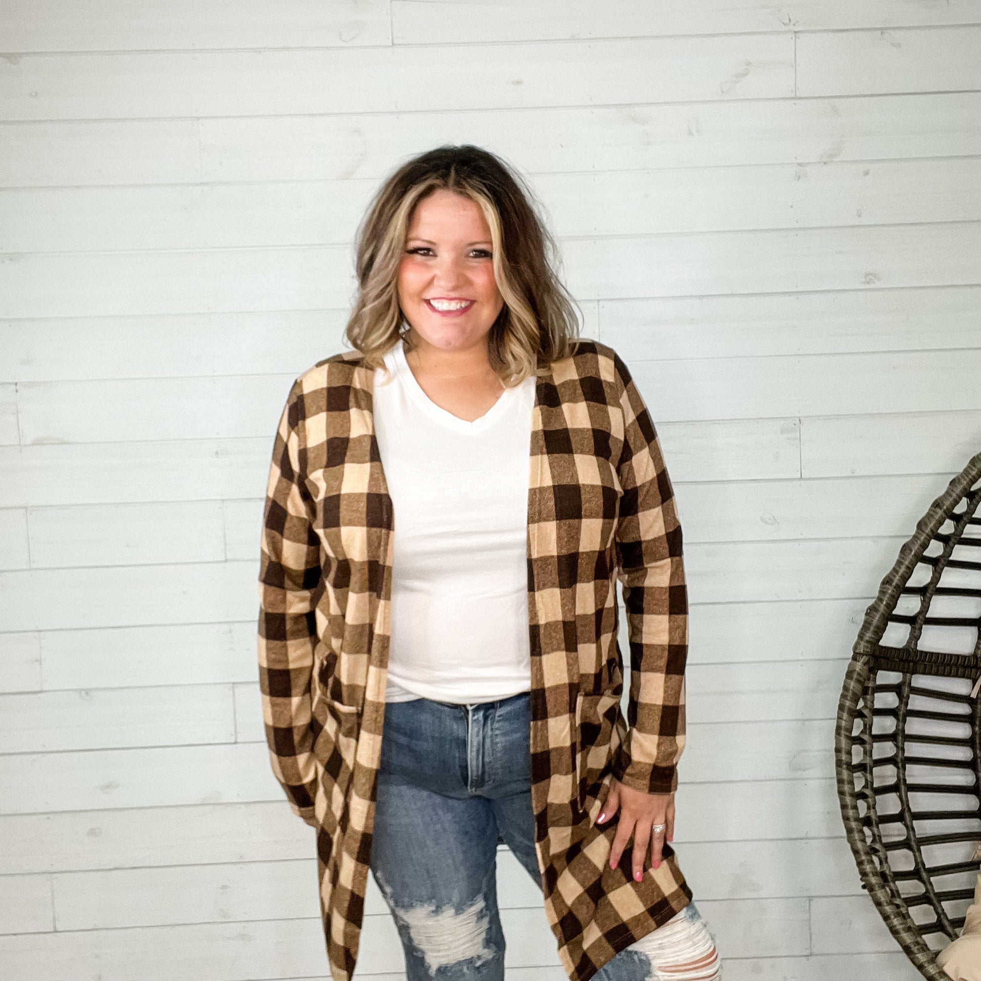 "Tried and True" Long Sleeve Checkered Cardigan (Brown)