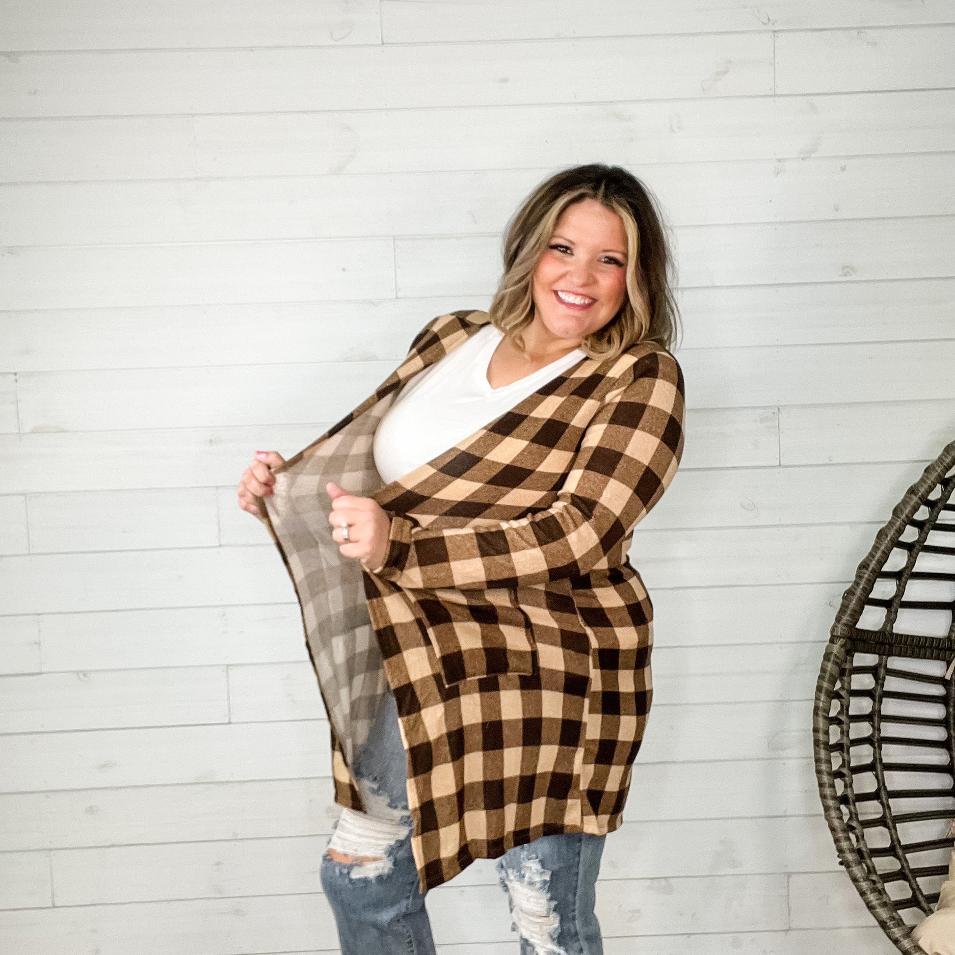 "Tried and True" Long Sleeve Checkered Cardigan (Brown)