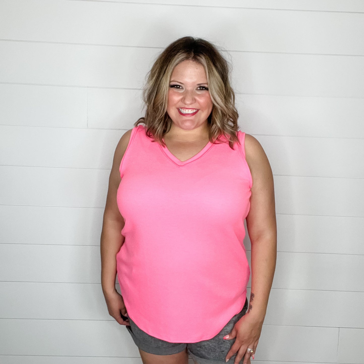 "Tristan" Waffle Texture V Neck Tank Tops (Neon Pink)