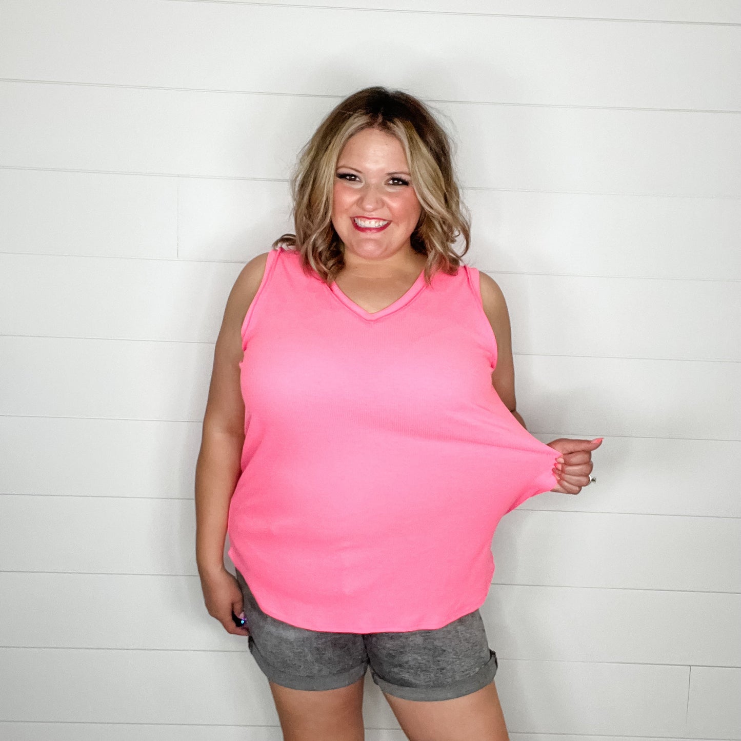 "Tristan" Waffle Texture V Neck Tank Tops (Neon Pink)