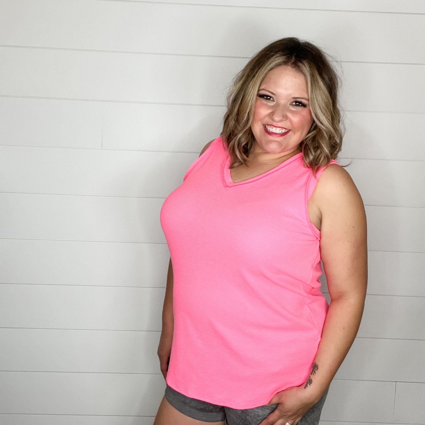 "Tristan" Waffle Texture V Neck Tank Tops (Neon Pink)