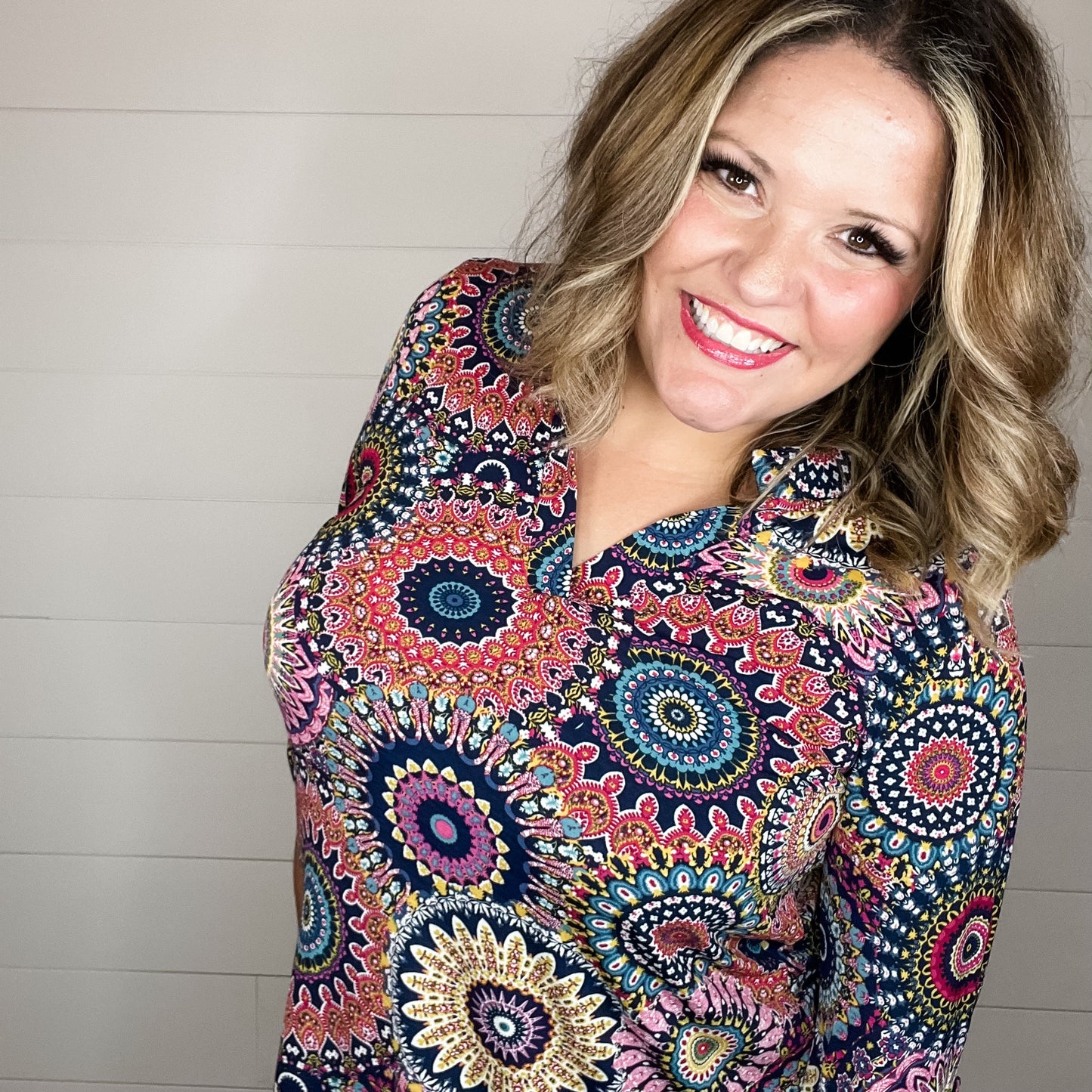 "Truely" Paisley Lizzy 3/4 Sleeve Split Neck