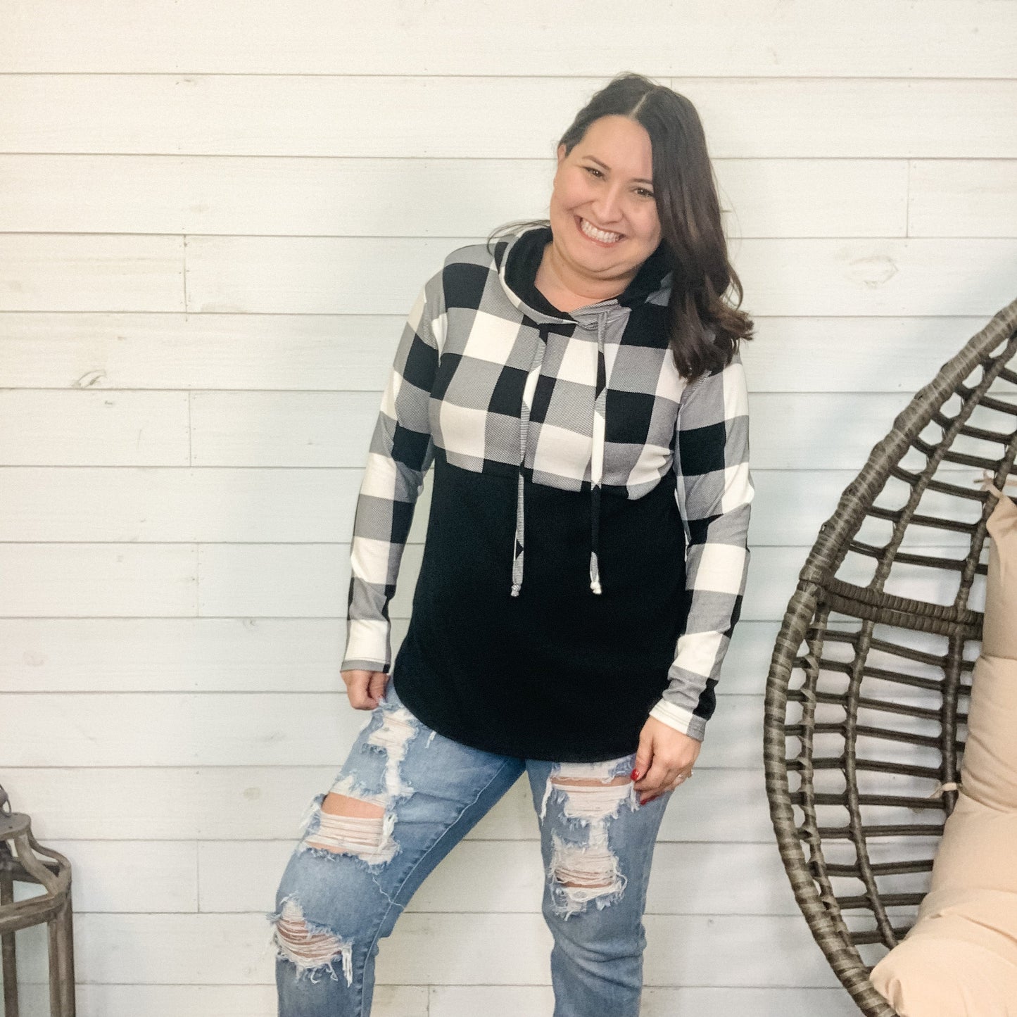 "Tulsa" Black and White Plaid Hoodie