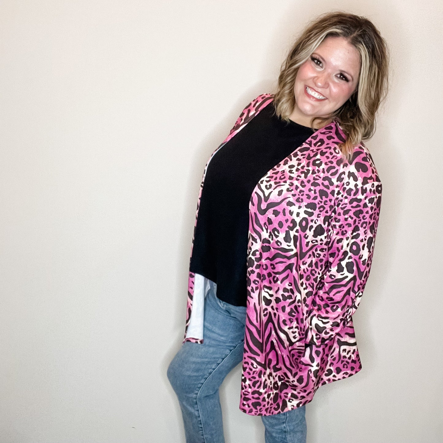 "Turntable" Animal Print Cardigan with 3/4 Sleeve Button Detail