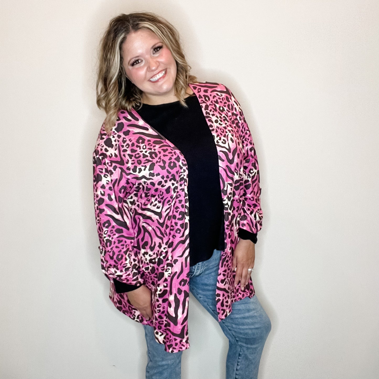 "Turntable" Animal Print Cardigan with 3/4 Sleeve Button Detail