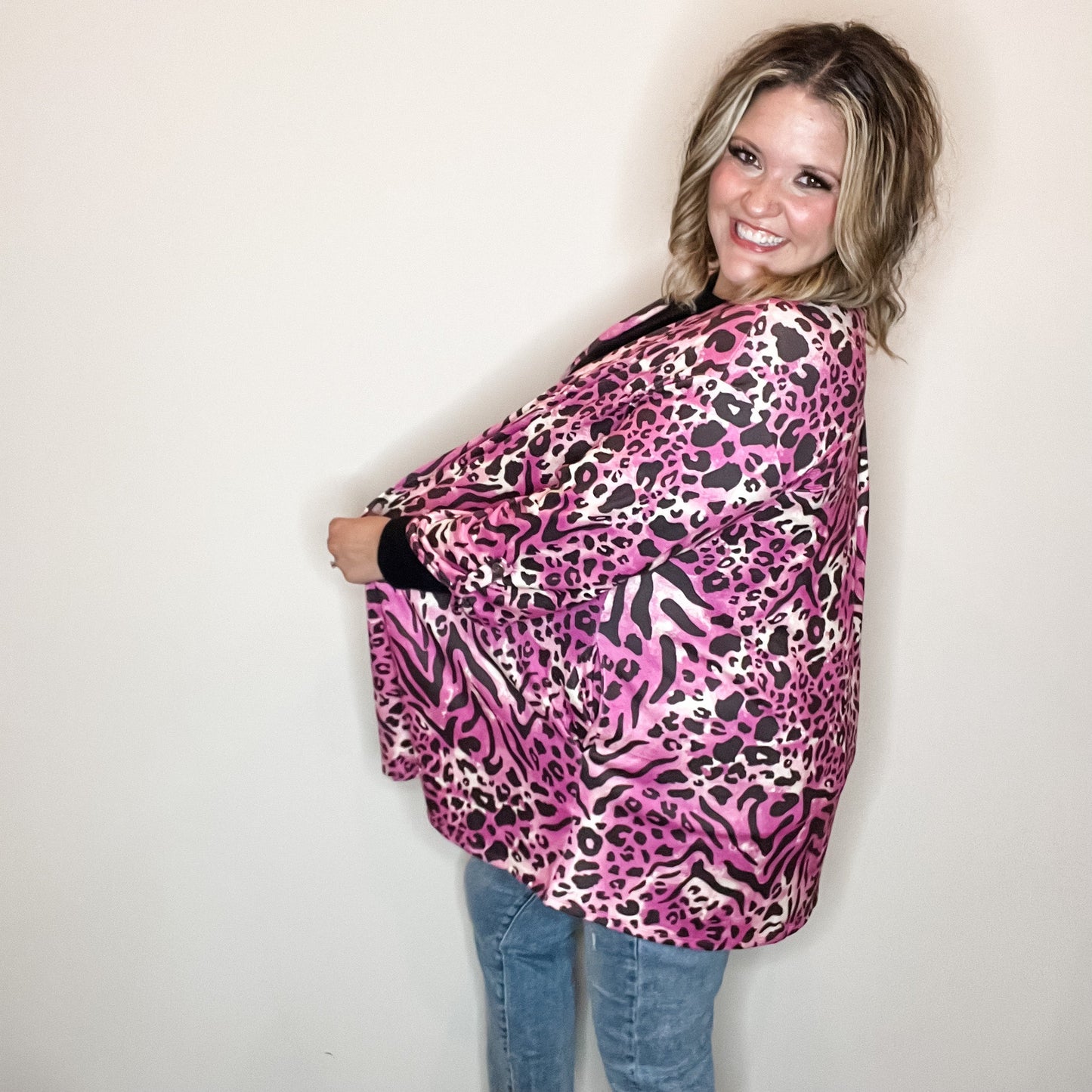 "Turntable" Animal Print Cardigan with 3/4 Sleeve Button Detail