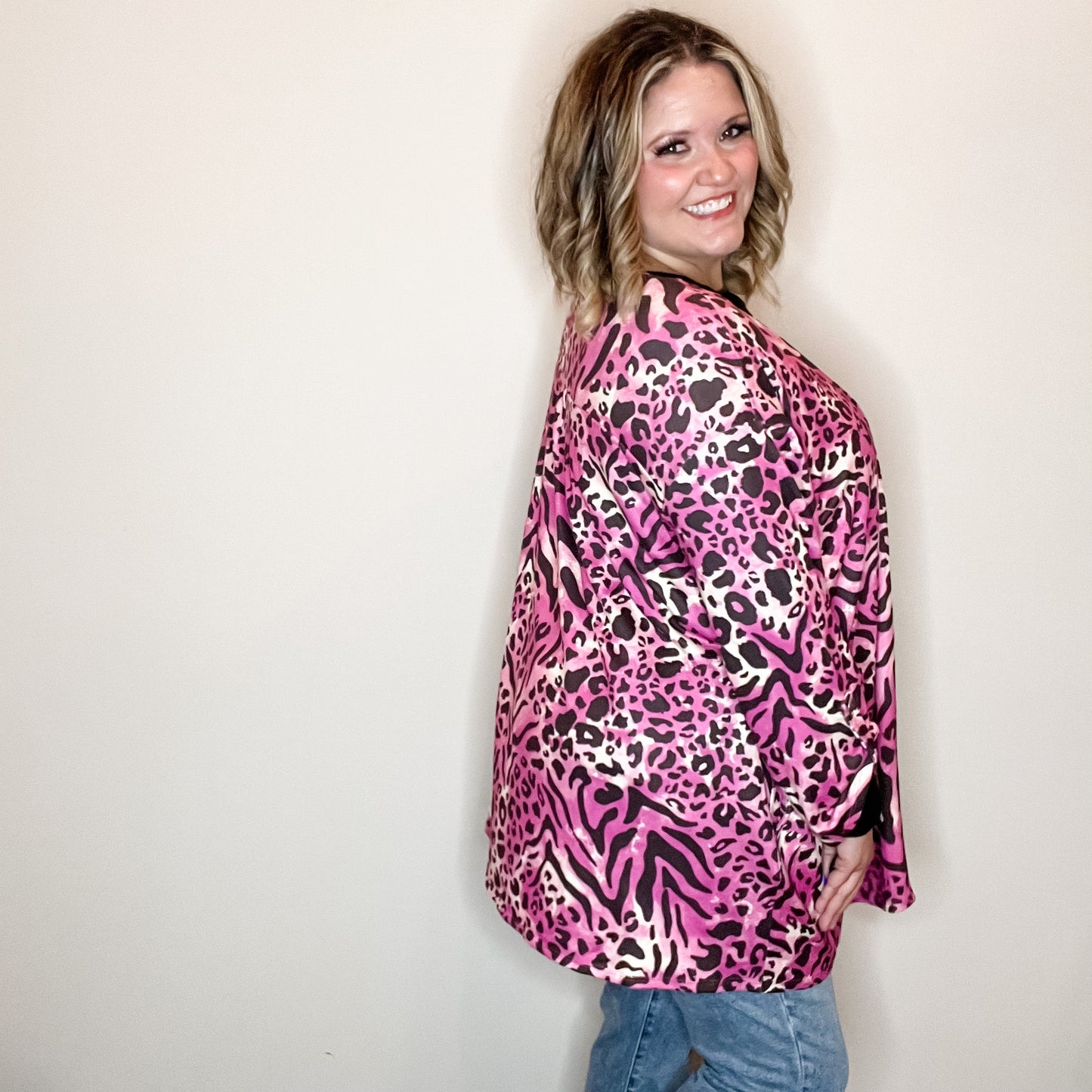 "Turntable" Animal Print Cardigan with 3/4 Sleeve Button Detail