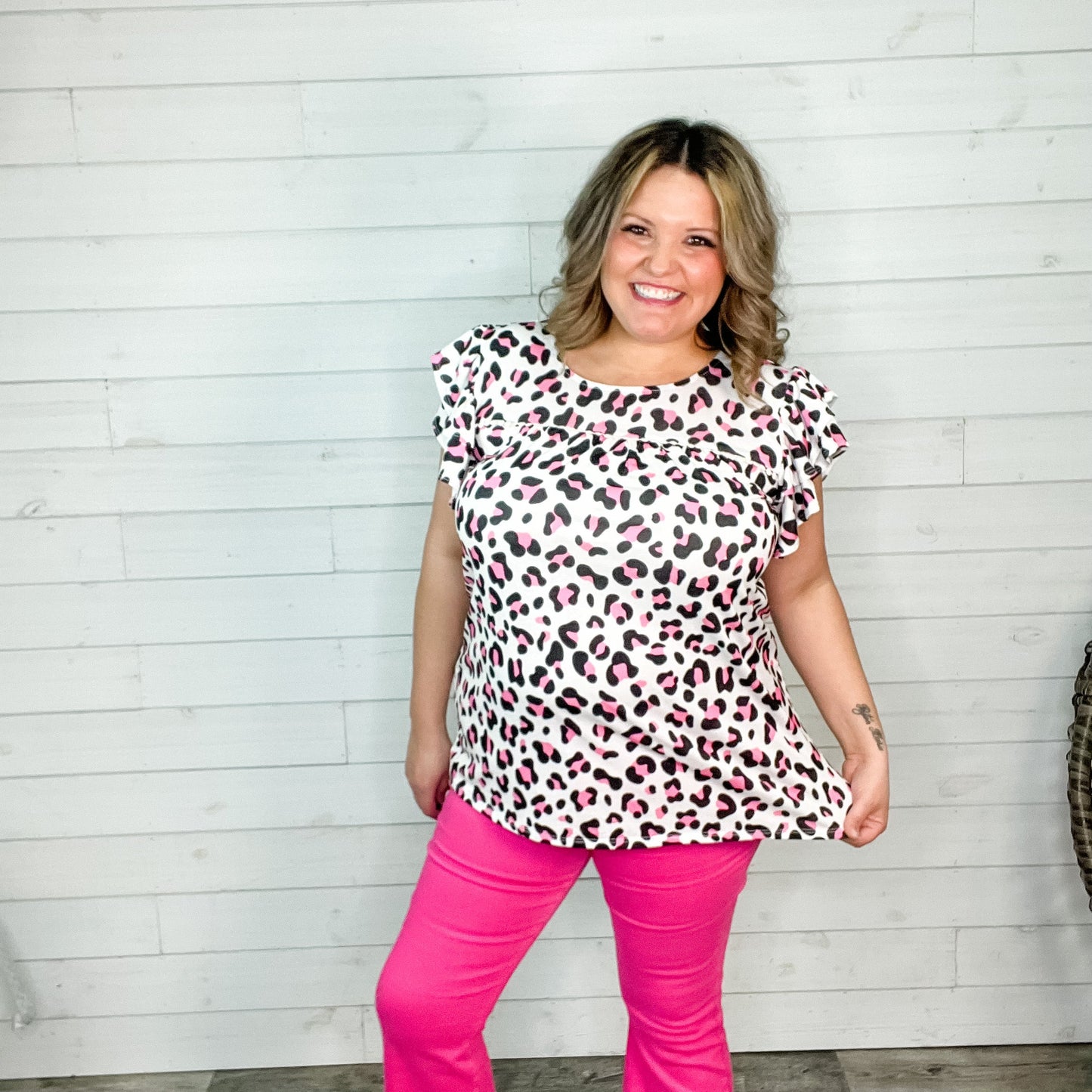"Understatement" Animal Print Ruffle Cap Sleeve Peasant Style