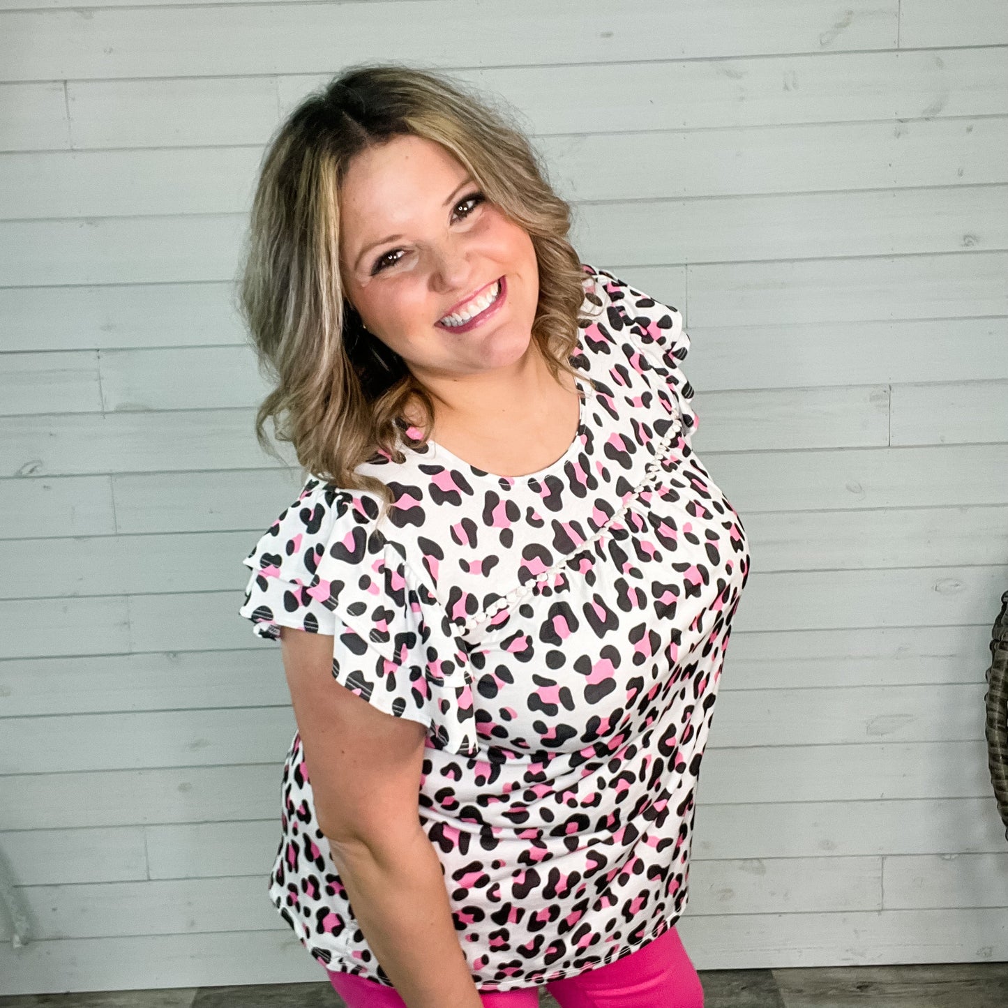 "Understatement" Animal Print Ruffle Cap Sleeve Peasant Style