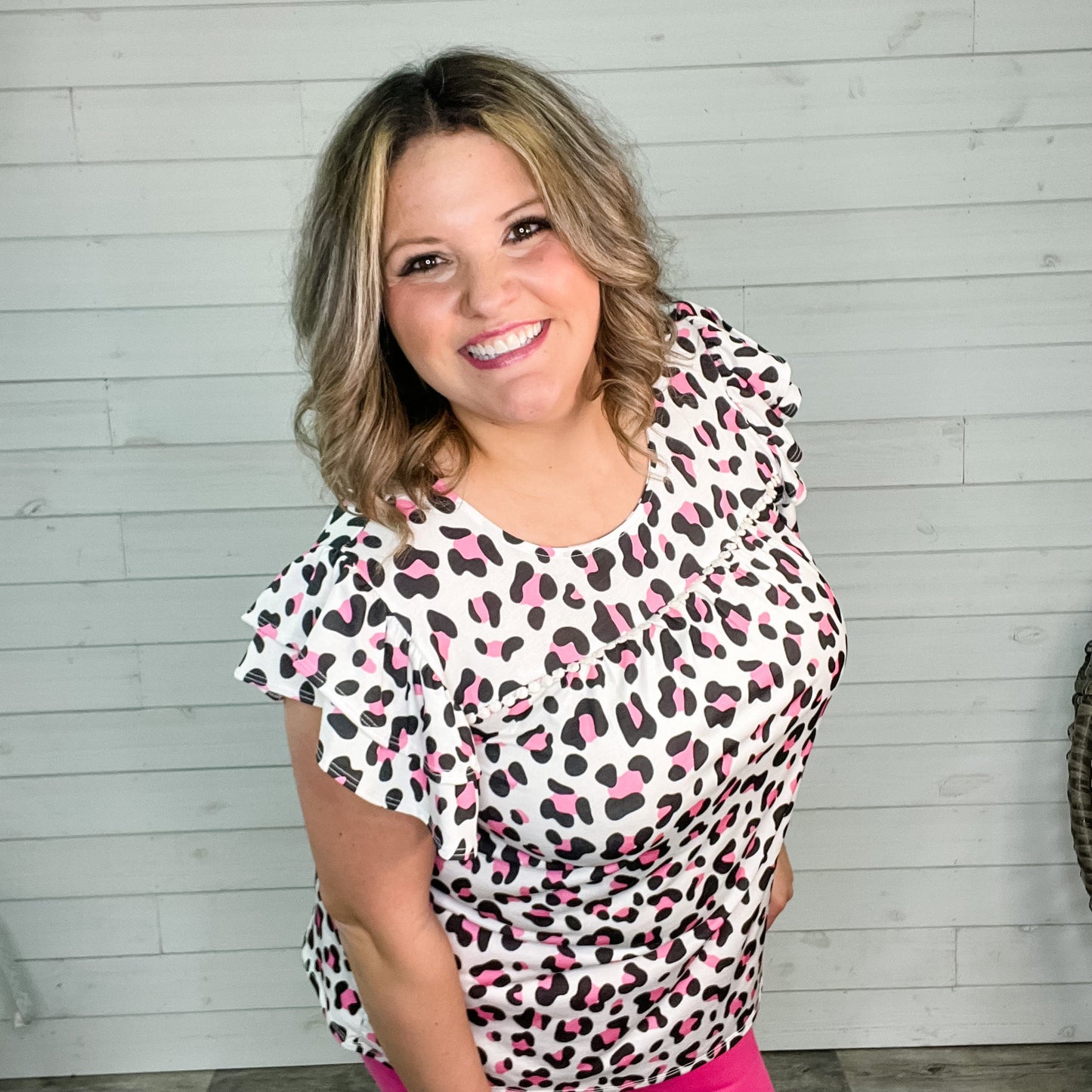 "Understatement" Animal Print Ruffle Cap Sleeve Peasant Style
