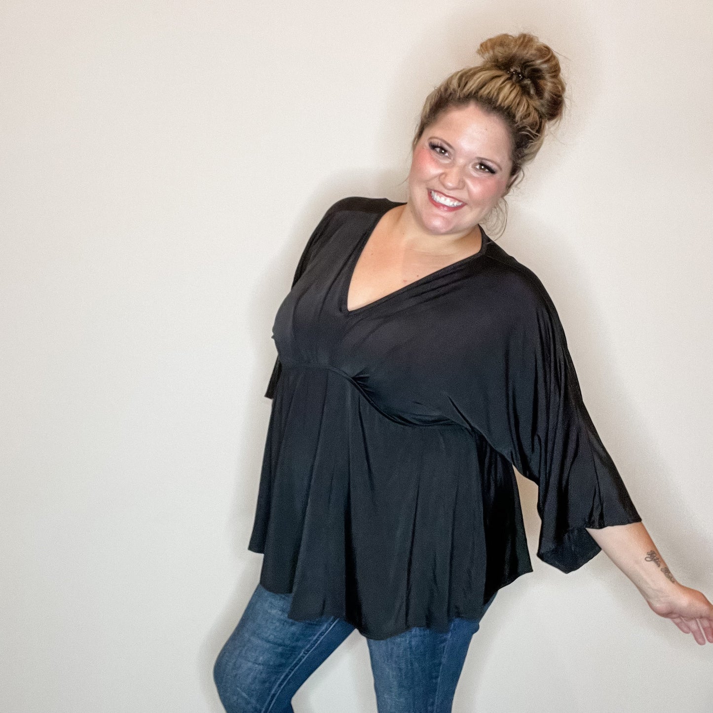 "Undertaking" 3/4 Sleeve V Neck with Elastic Empire Waist (Black)
