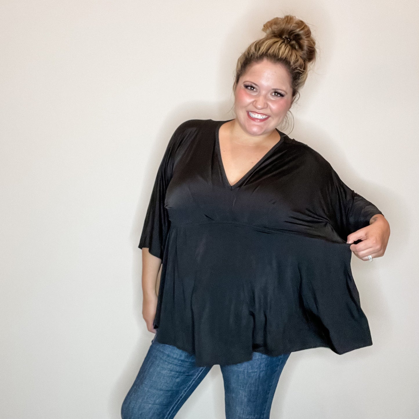 "Undertaking" 3/4 Sleeve V Neck with Elastic Empire Waist (Black)