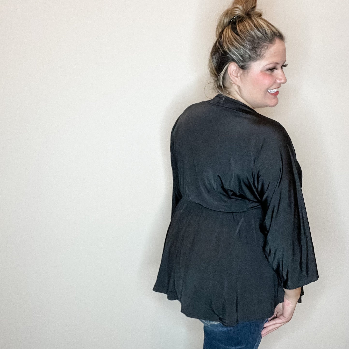 "Undertaking" 3/4 Sleeve V Neck with Elastic Empire Waist (Black)