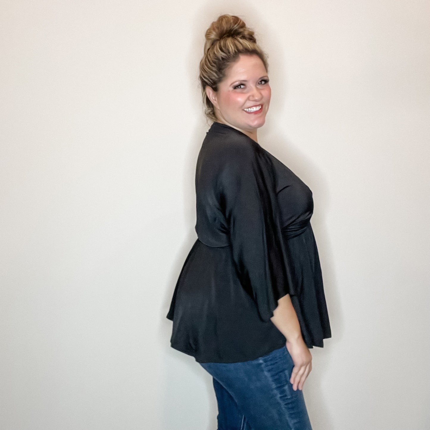 "Undertaking" 3/4 Sleeve V Neck with Elastic Empire Waist (Black)