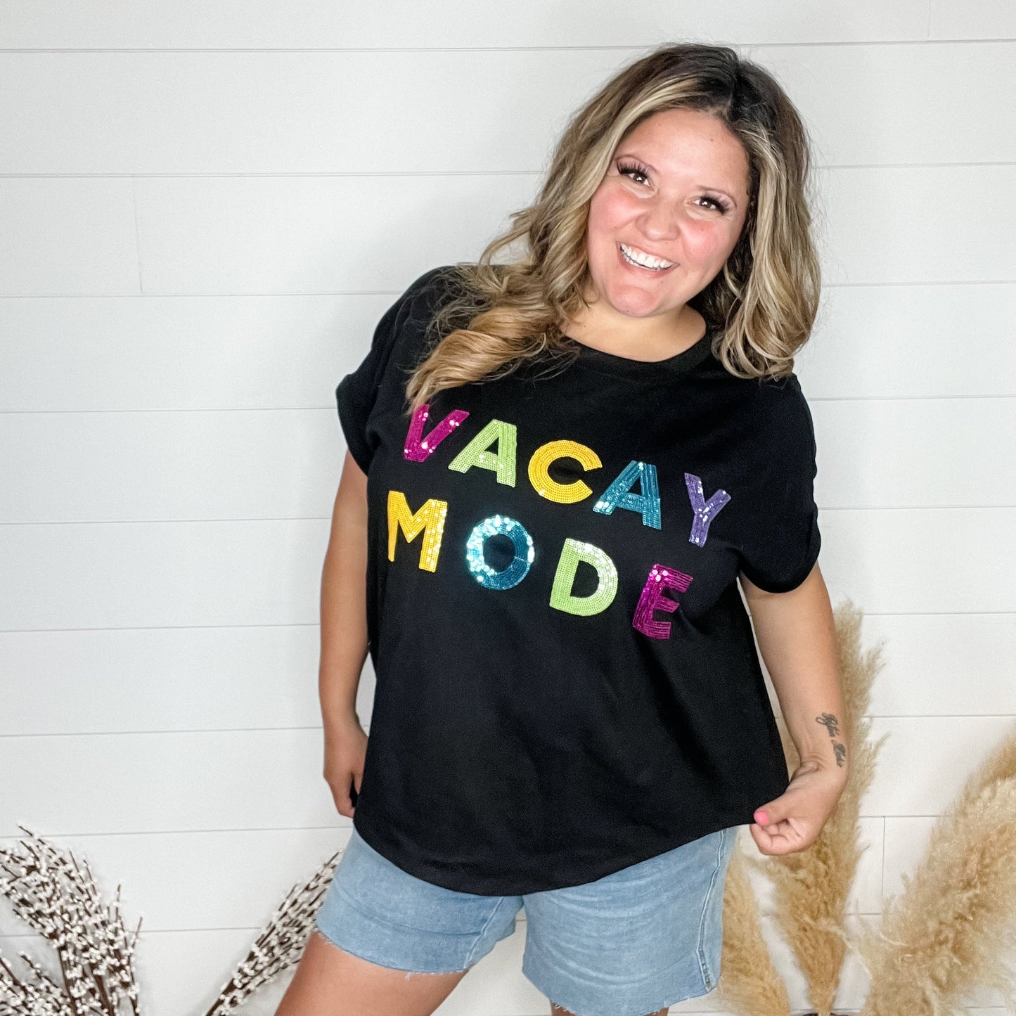 "Vacay Mode" Sequined Letter Oversized Boxy Tee