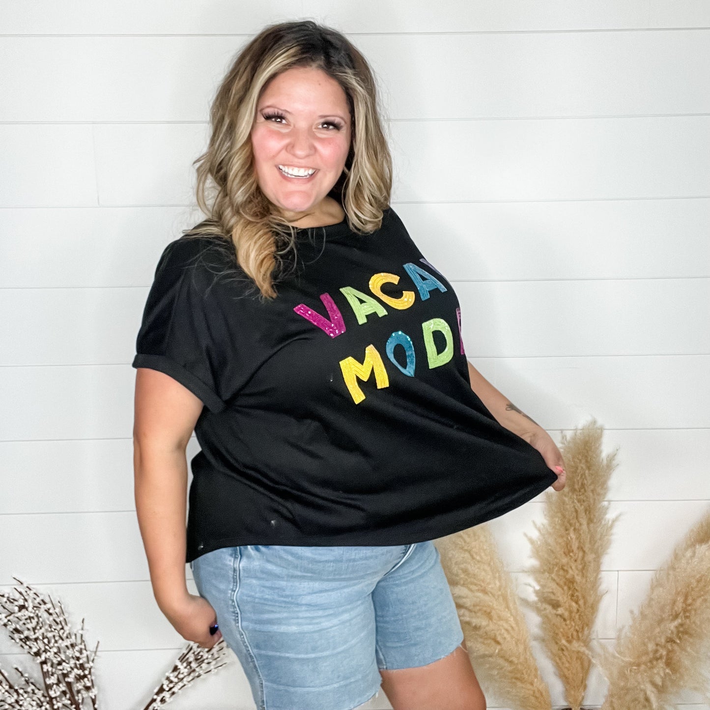 "Vacay Mode" Sequined Letter Oversized Boxy Tee