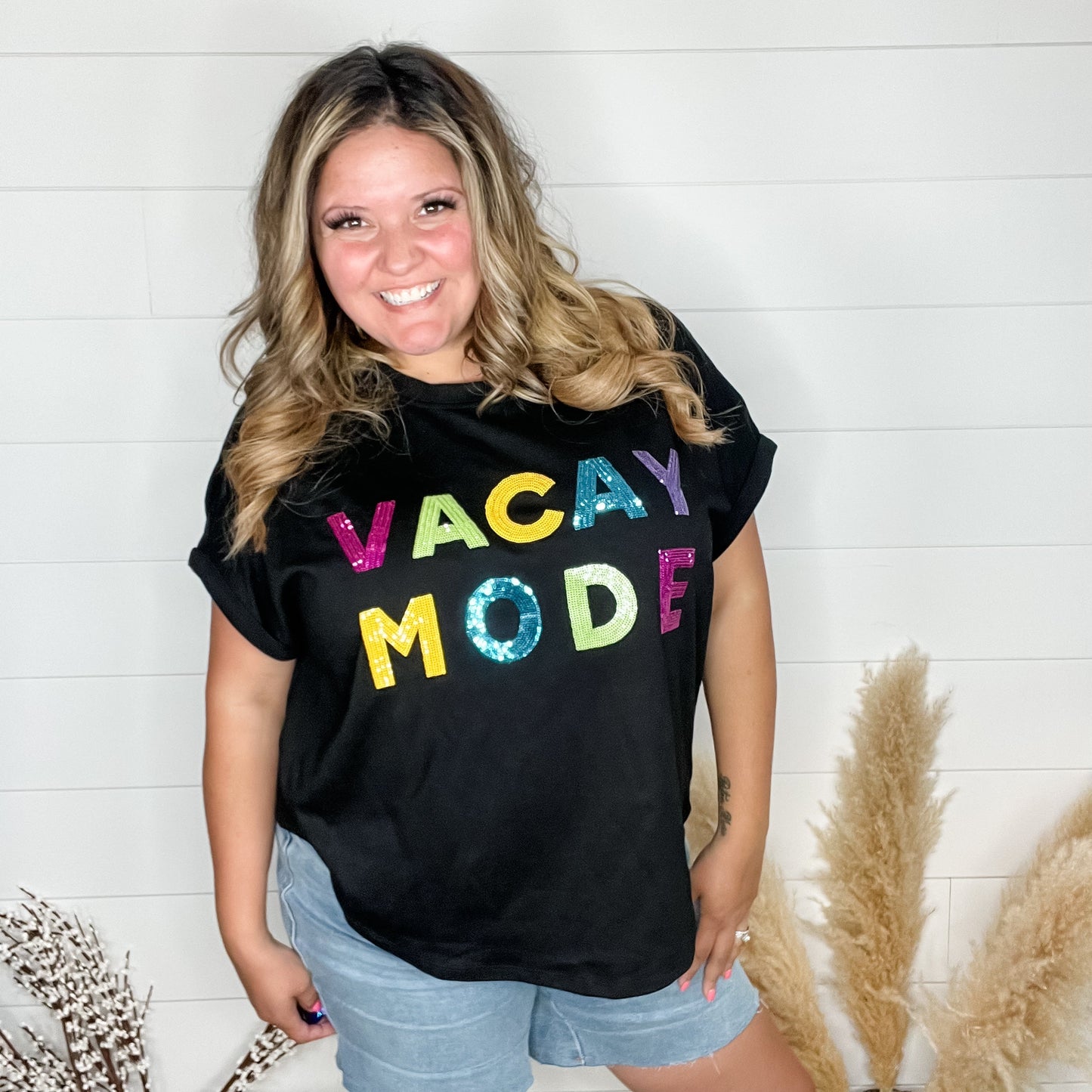 "Vacay Mode" Sequined Letter Oversized Boxy Tee