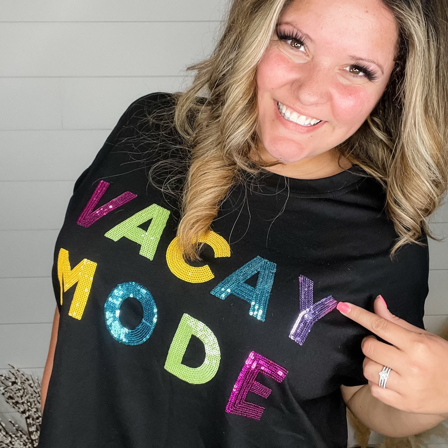"Vacay Mode" Sequined Letter Oversized Boxy Tee