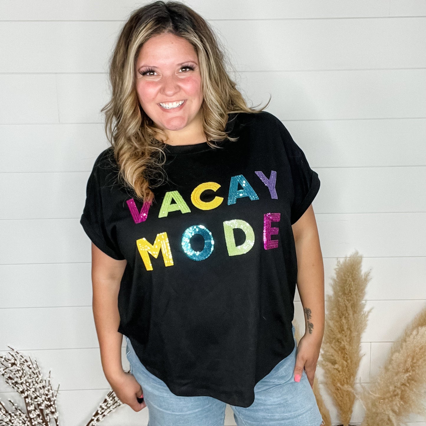 "Vacay Mode" Sequined Letter Oversized Boxy Tee