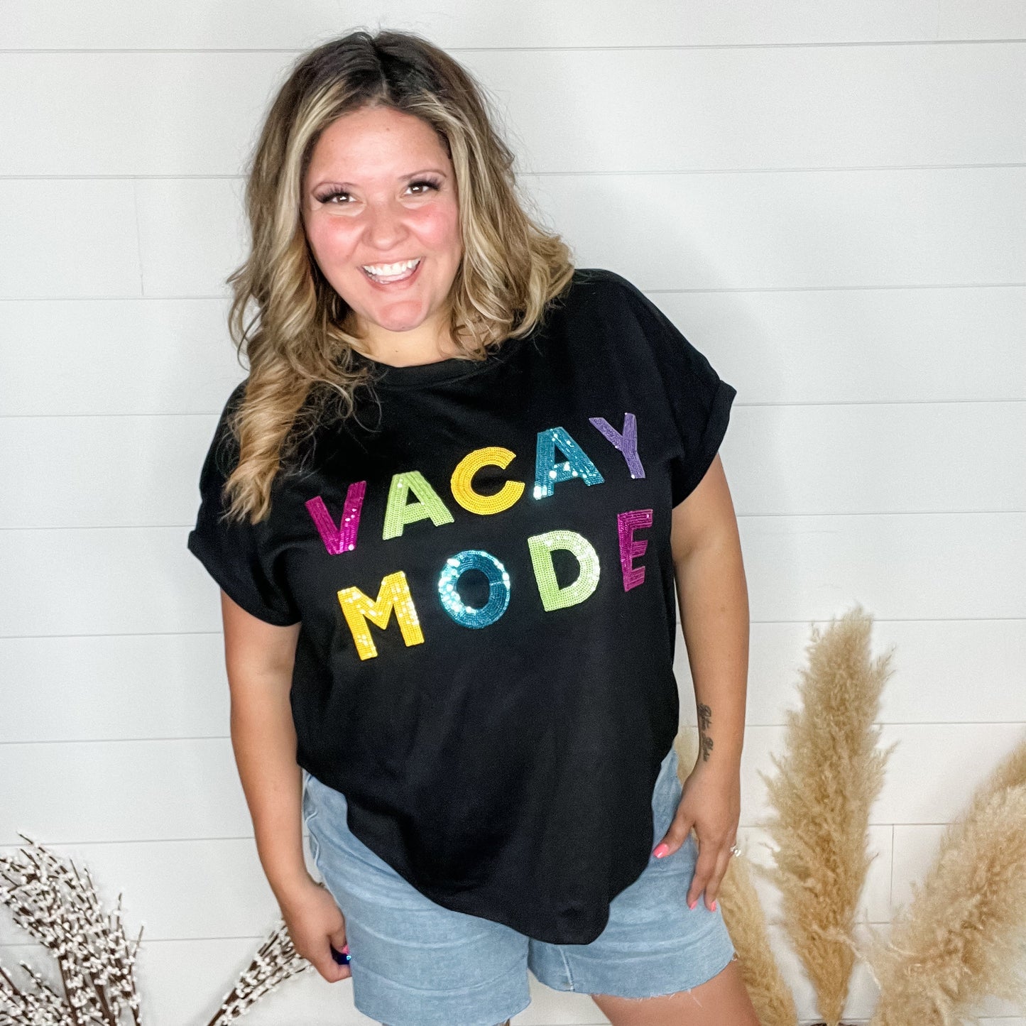 "Vacay Mode" Sequined Letter Oversized Boxy Tee